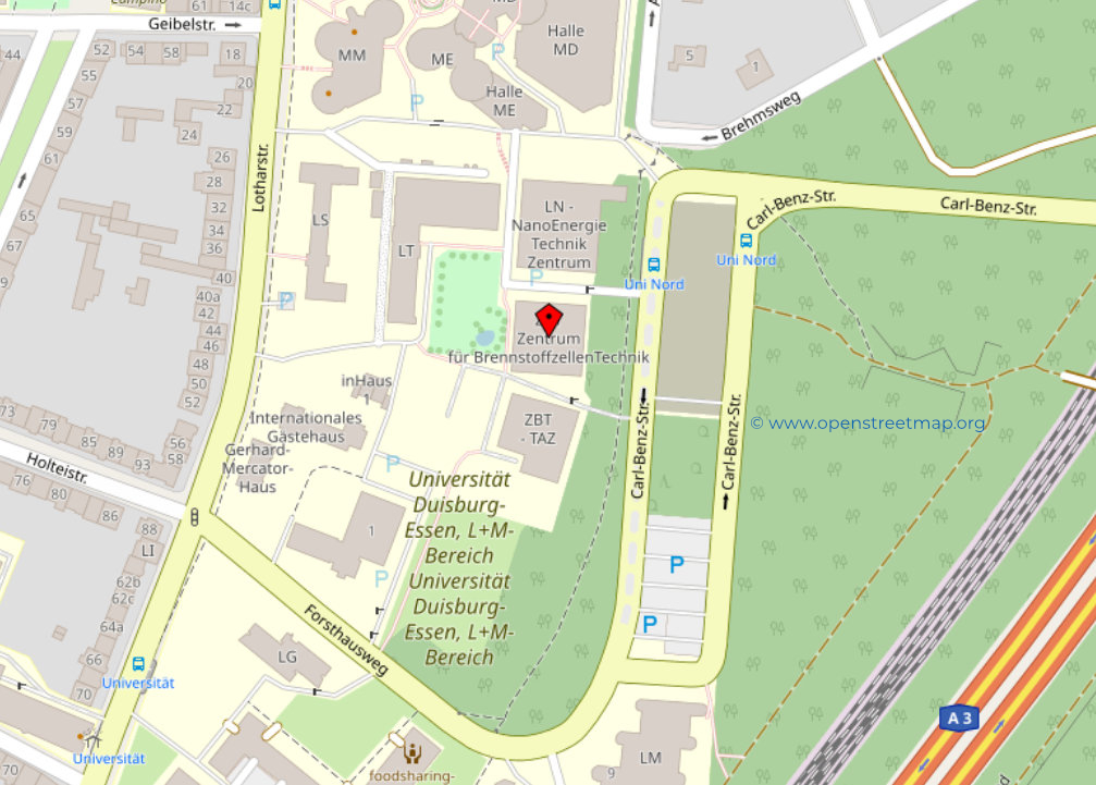 Ausschnitt aus dem Stadtplan von Duisburg, markiert ist das ZBT - Zentrum für BrennstoffzellenTechnik